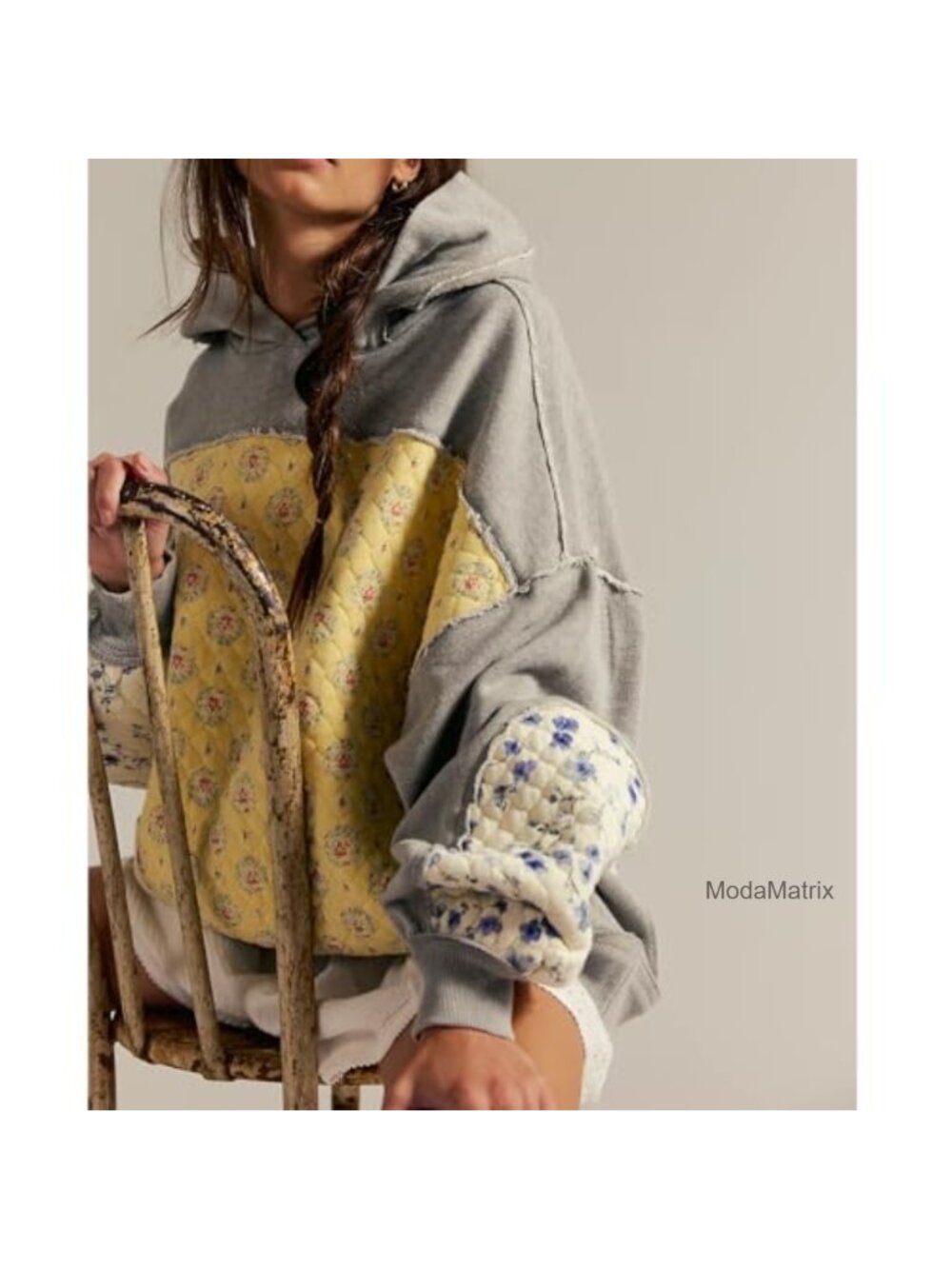 Oversized Patchwork Floral Hoodie, Y2K Vintage Sweatshirt, Preppy Fall Clothes - Picture 3 of 4